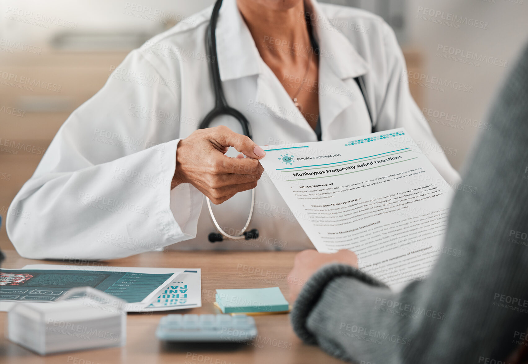 Buy stock photo Hands, doctor and person with monkeypox paper for consultation information, faq and disease education. Patient, consulting and medical professional with documents, pamphlet and flyer on virus control