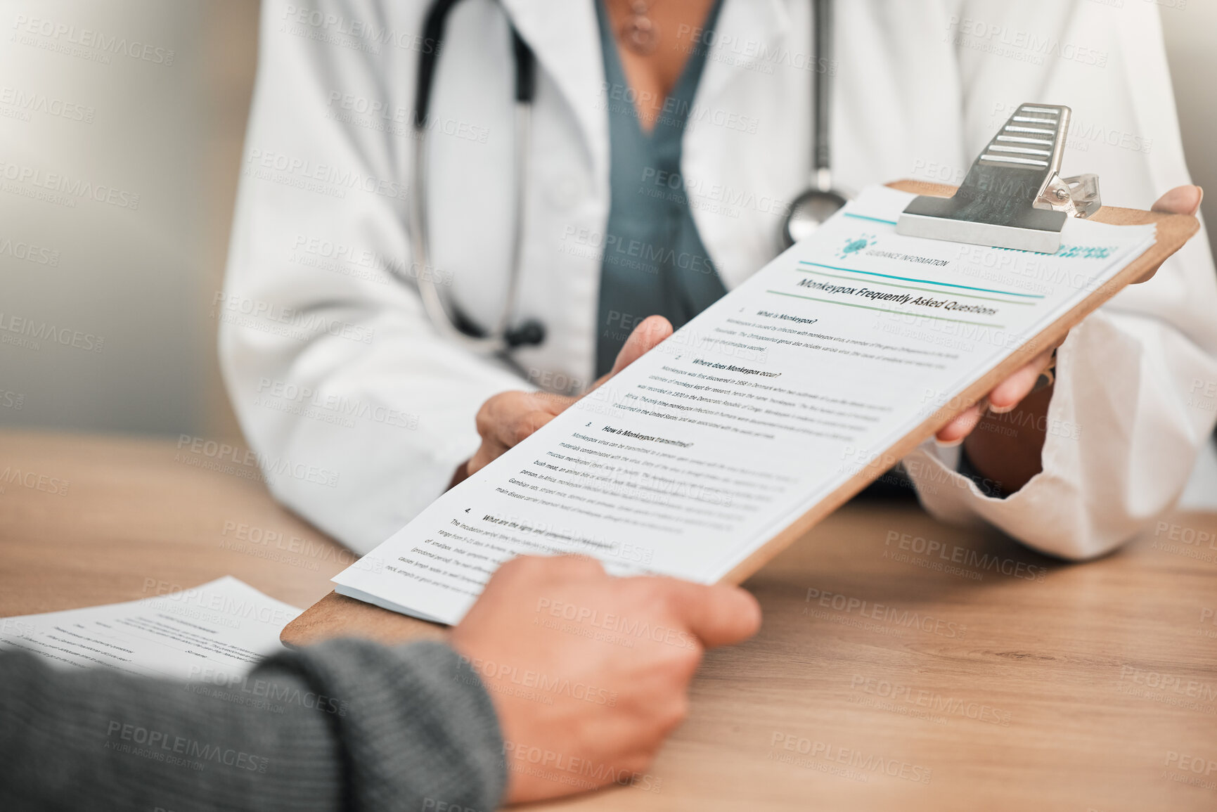 Buy stock photo Hands, doctor and patient with monkeypox paper for consultation information, faq and disease education. Person, consulting and medical professional with documents, pamphlet and flyer on virus control