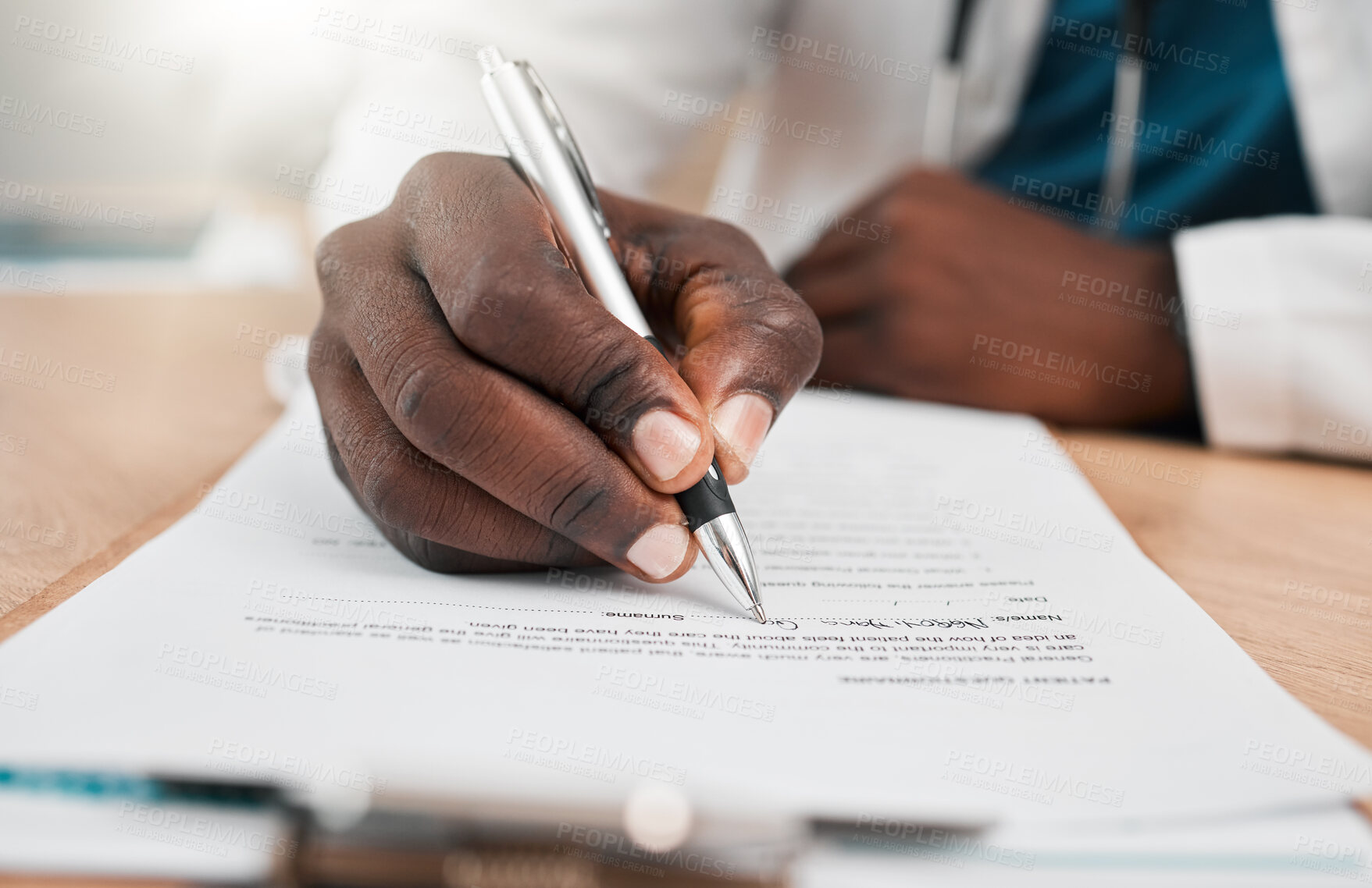 Buy stock photo Signature, hand or doctor writing on contract hospital prescription, medical form or compliance. Closeup, application or healthcare worker with paper documents for wellness, life insurance or help