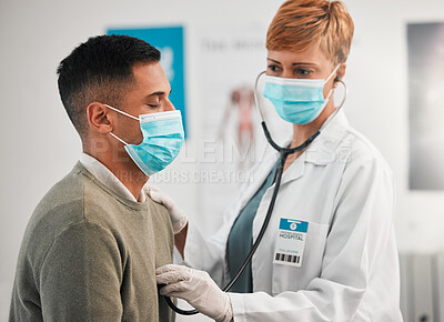 Buy stock photo Doctor, face mask or woman with man breathing for healthcare, nursing or clinic cardiology. Wellness services, cardiology or medical worker checking heart beat with listening equipment in hospital