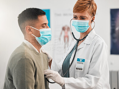 Buy stock photo Doctor, cardiology or woman with man breathing for healthcare, nursing or wellness in clinic. Asthma, cardiology service or medical worker checking heart beat with listening equipment in hospital