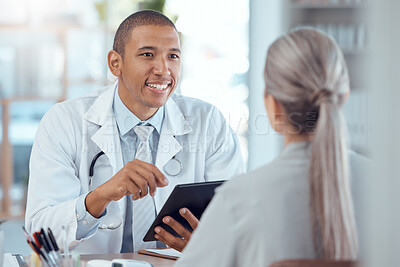 Buy stock photo Tablet, office and doctor consulting a patient in a health conversation or communication during medical consultation. Medicine, healthcare and professional talking to person for results in a clinic