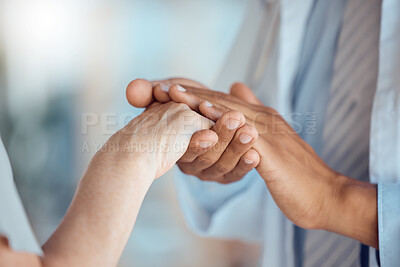 Buy stock photo Support, care and hands holding for healthcare trust by doctor with patient for love, help and hope in a hospital. Cancer, medical and closeup of professional with comfort for person in a clinic