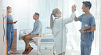 Doctors, nurses or high five in hospital for patient treatment success, surgery achievement or healthcare support. Happy, diversity or medical people in teamwork, collaboration and winner mentorship