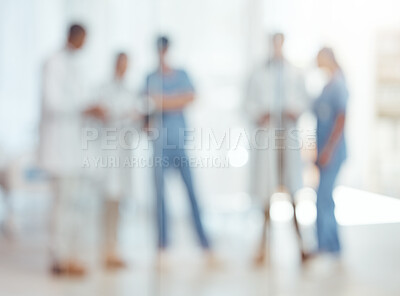 Buy stock photo Group of doctors, nurses and blurred hospital, meeting and planning surgery or team schedule. Healthcare, discussion and medical staff in collaboration with feedback consultation together in clinic.