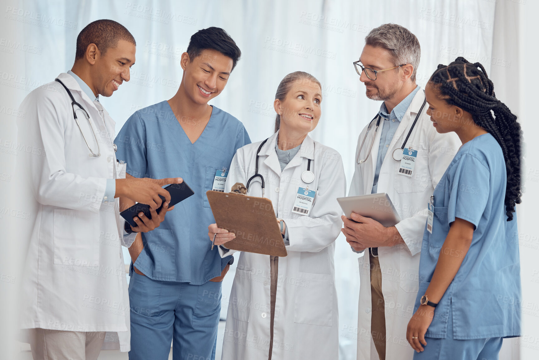 Buy stock photo Group of happy doctors, nurses and checklist in hospital, meeting and planning surgery or team schedule. Healthcare, discussion and medical staff with smile, feedback and talking together in clinic.