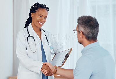 Buy stock photo Doctor, patient and people shaking hands, smile and hospital checkup with healthy diagnosis, healthcare results or support. Clinic nurse, trust and surgeon welcome, thank you or hand shake for client