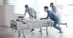 Doctors, team and rush with bed in hospital for healthcare emergency, surgery operation and first aid help. Medical group running fast with motion blur for patient urgent service assessment in clinic