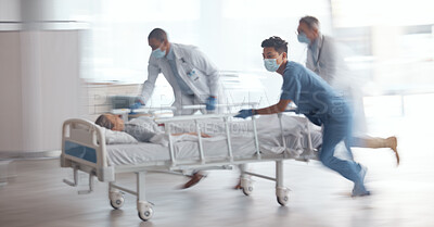 Buy stock photo Doctors, team and rush with bed in hospital for healthcare emergency, surgery operation and first aid help. Medical group running fast with motion blur for patient urgent service assessment in clinic