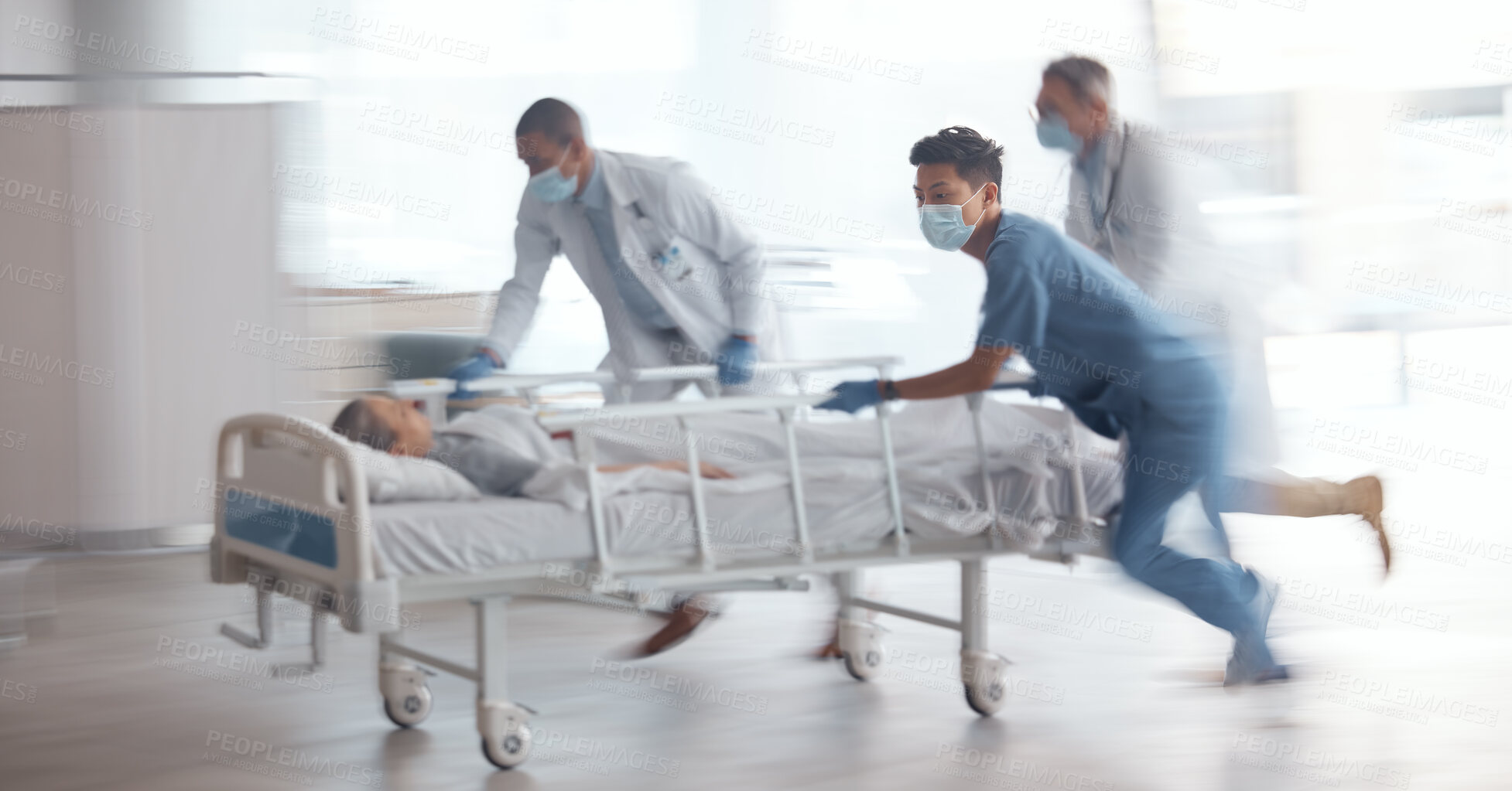 Buy stock photo Doctors, team and rush with bed in hospital for healthcare emergency, surgery operation and first aid help. Medical group running fast with motion blur for patient urgent service assessment in clinic