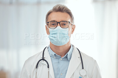 Buy stock photo Man, portrait and doctor with face mask in hospital for medical services, surgery and wellness consulting. Male surgeon, mature therapist and healthcare manager working with safety ppe in clinic 