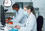 Woman, computer and face mask in science laboratory for medical virus research, medicine or vaccine development. Mature scientist, man or technology keyboard for healthcare or genetic disease control