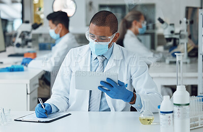 Buy stock photo Face mask man, tablet or writing in science laboratory for medical virus research, medicine or vaccine development. African scientist, technology or clipboard paper for healthcare and disease control