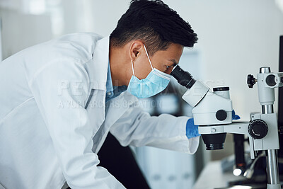 Buy stock photo Microscope, science and asian man with face mask in laboratory for research, medical analysis and biotechnology. Scientist, microbiology and investigation of innovation, dna testing and development