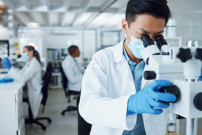 Buy stock photo Microscope, scientist and asian man working in laboratory to review virus research, medical test and biotechnology. Science, microbiology and investigation of innovation, dna analysis and experiment