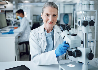 Buy stock photo Microscope, scientist and portrait of senior woman in laboratory to review virus research, medical test and biotechnology. Science, microbiology and happy female professor planning expert assessment