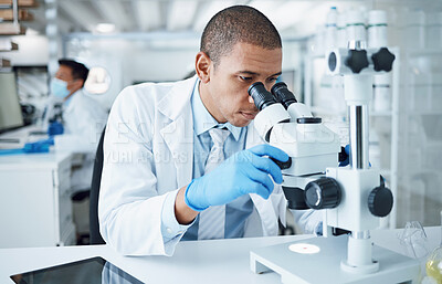 Buy stock photo Microscope, science and man in laboratory to check virus research, review medical test and biotechnology. Scientist, microbiology and planning chemistry assessment, investigation and dna innovation