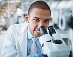 Microscope, happy man and portrait of laboratory scientist working on healthcare research, forensic investigation or project. Science, face smile or person work on hospital analysis, studying or exam