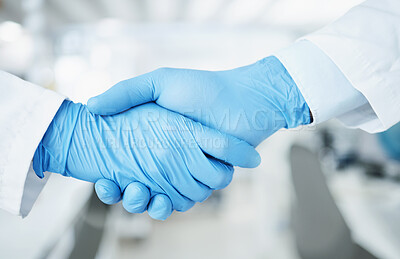 Buy stock photo Team handshake, gloves and lab scientist partnership, agreement or collaboration on medical healthcare project. Laboratory, shaking hands and closeup people teamwork, cooperation and welcome partner