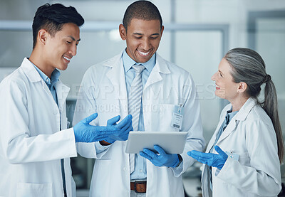 Buy stock photo Scientist, smile and tablet teamwork in science laboratory for medical research, collaboration and training achievement. Mature woman, mentor or technology for healthcare and genetic engineering help