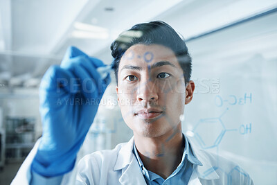 Buy stock photo Idea, science and writing with man in laboratory for medical, research and planning. Pharmacy, healthcare and medicine with Asian scientist and brainstorming for chemistry, solution and vaccine