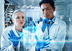 Medical science, team and thinking with overlay of data hologram, information and brainstorming innovation. Scientist ideas, man and woman with holographic info, study results or problem solving.