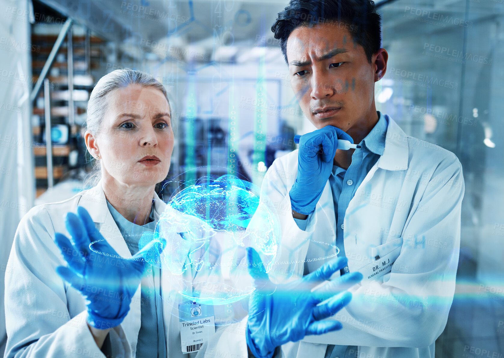 Buy stock photo Medical science, team and thinking with overlay of data hologram, information and brainstorming innovation. Scientist ideas, man and woman with holographic info, study results or problem solving.
