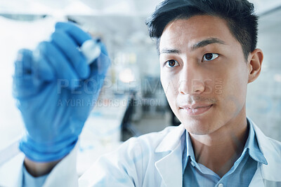 Buy stock photo Medical, science and writing with man in laboratory for idea, research and planning. Pharmacy, healthcare and medicine with Asian scientist and brainstorming for chemistry, solution and vaccine
