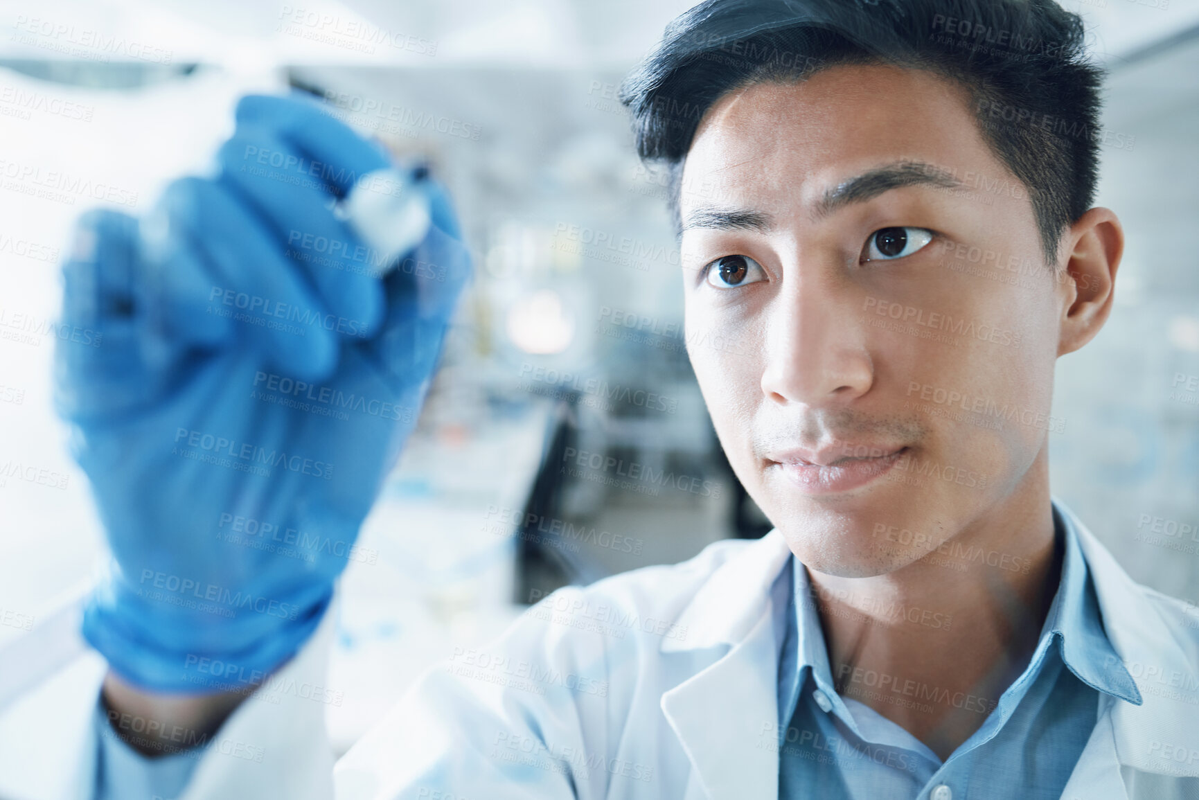 Buy stock photo Medical, science and writing with man in laboratory for idea, research and planning. Pharmacy, healthcare and medicine with Asian scientist and brainstorming for chemistry, solution and vaccine