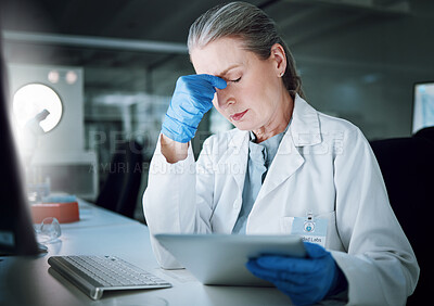 Buy stock photo Tablet, headache and lab scientist, woman and frustrated with 404 error, software fail or science mistake. Laboratory, biotechnology fail results and person stress over problem, anxiety or migraine