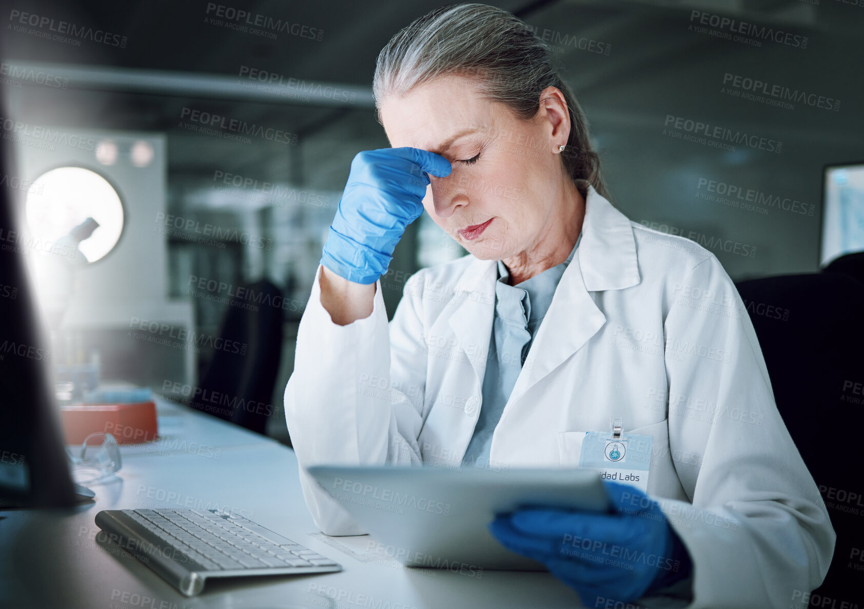 Buy stock photo Tablet, headache and lab scientist, woman and frustrated with 404 error, software fail or science mistake. Laboratory, biotechnology fail results and person stress over problem, anxiety or migraine