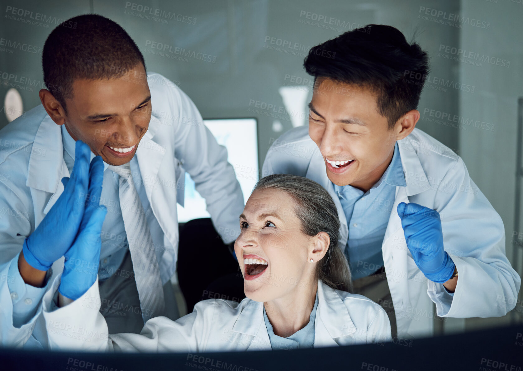 Buy stock photo Science, high five and happy scientist, people or diversity group celebrate lab success, results or achievement. Partnership, cheers and laboratory staff collaboration, teamwork and congratulations