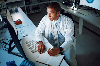 Buy stock photo Doctor, writing and night with computer in laboratory for medical research and study with healthcare. Paperwork, male professional and planning with data for biotechnology in clinic or hospital