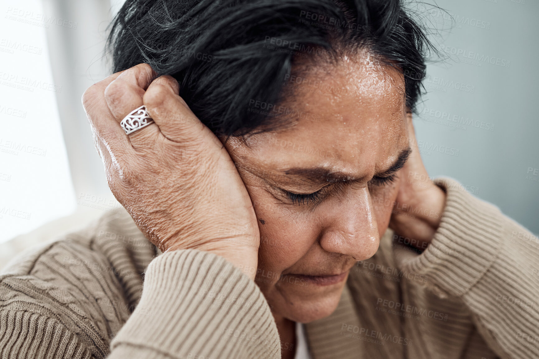 Buy stock photo Schizophrenia, bipolar or mature woman with depression, anxiety or mental health problem at home. Worry, fear or sad senior person thinking of broken heart, death loss or stress from emotional grief