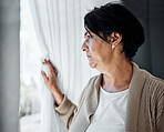 Senior woman, thinking and focus on the window to future, retirement or question life decision, choice or memory of the past. Elderly person, ideas or anxiety about mental health, death or grief