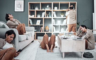 Buy stock photo Mental health, depression or anxiety with a busy woman in the living room of her home during a financial crisis. Stress, headache and burnout with a senior female person multitasking in her house