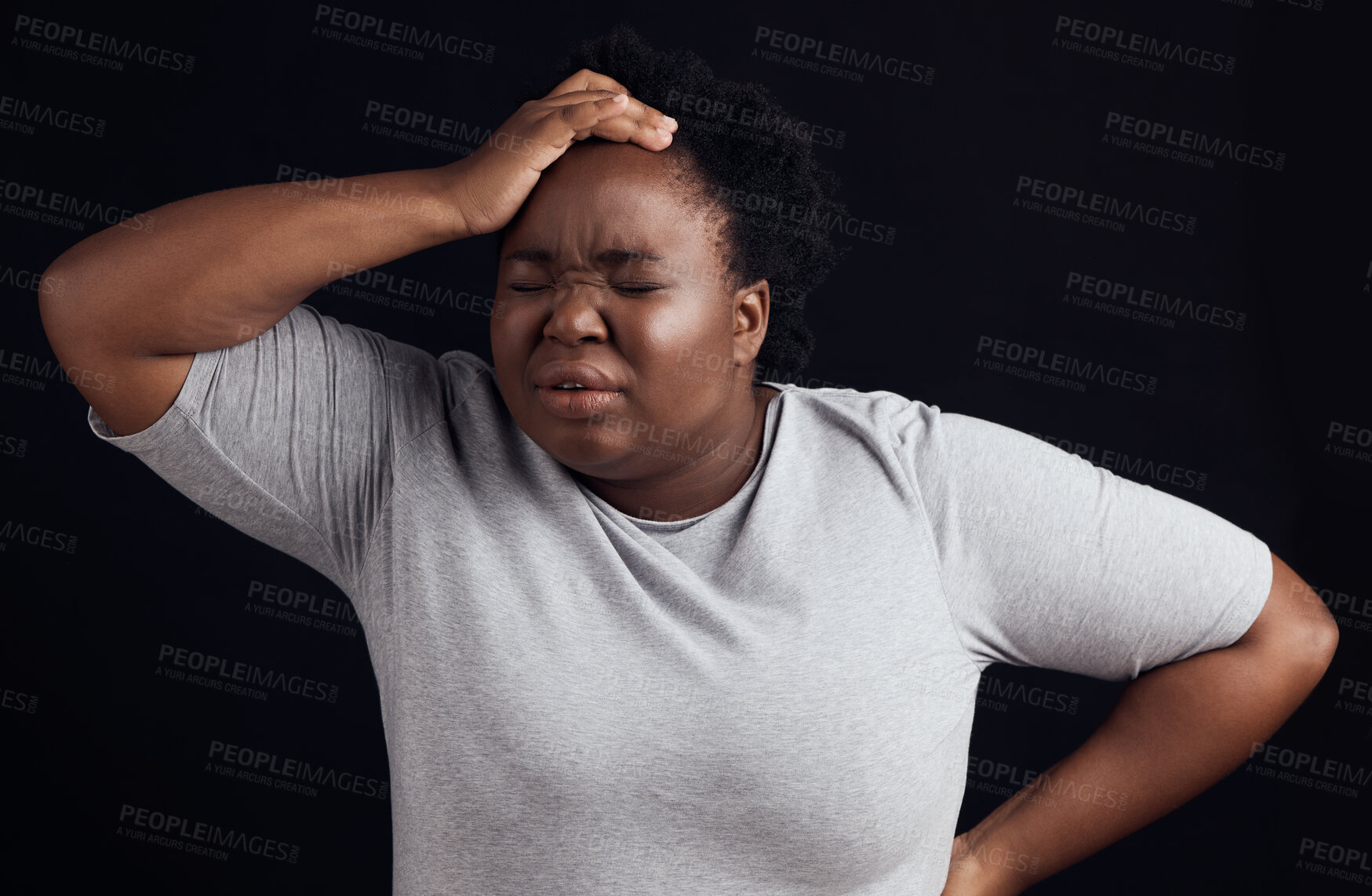 Buy stock photo Frustrated black woman, headache and anxiety in studio of stress, trauma or problem on dark background. Face of confused model in burnout, brain fog or crazy fear of pain, depression or mental health