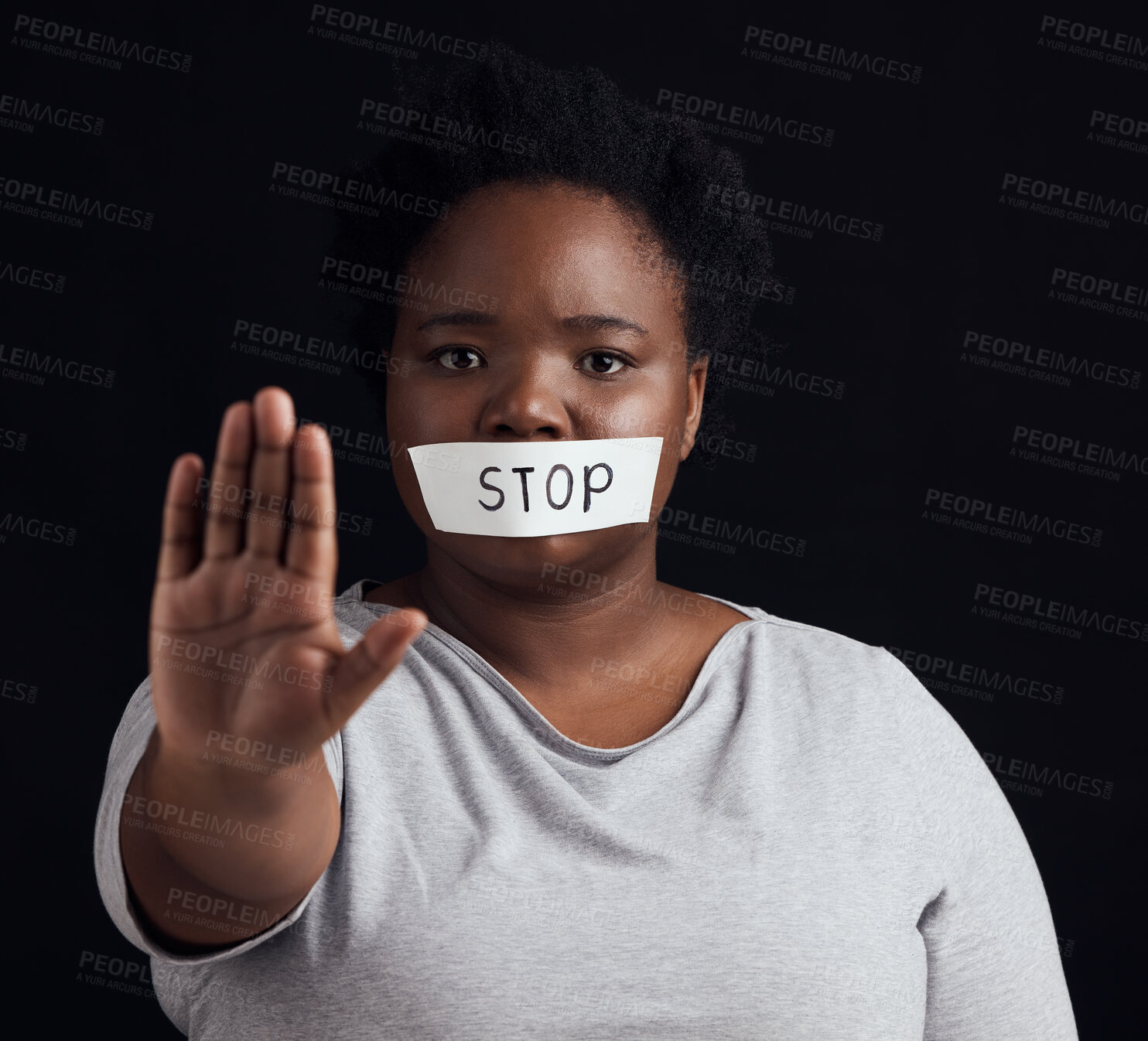 Buy stock photo Portrait, stop and palm with a black woman in studio on a black background for gender equality or domestic violence. Hand, silence or abuse and a scared female victim with her mouth covered in fear