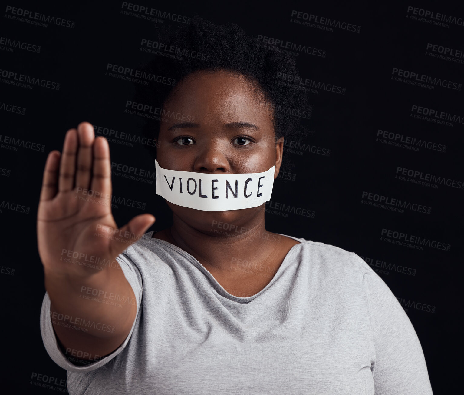 Buy stock photo Portrait, hand and a black woman in protest of domestic violence on a dark background. Freedom, equality or empowerment with the palm of a serious young person in studio for gender discrimination 