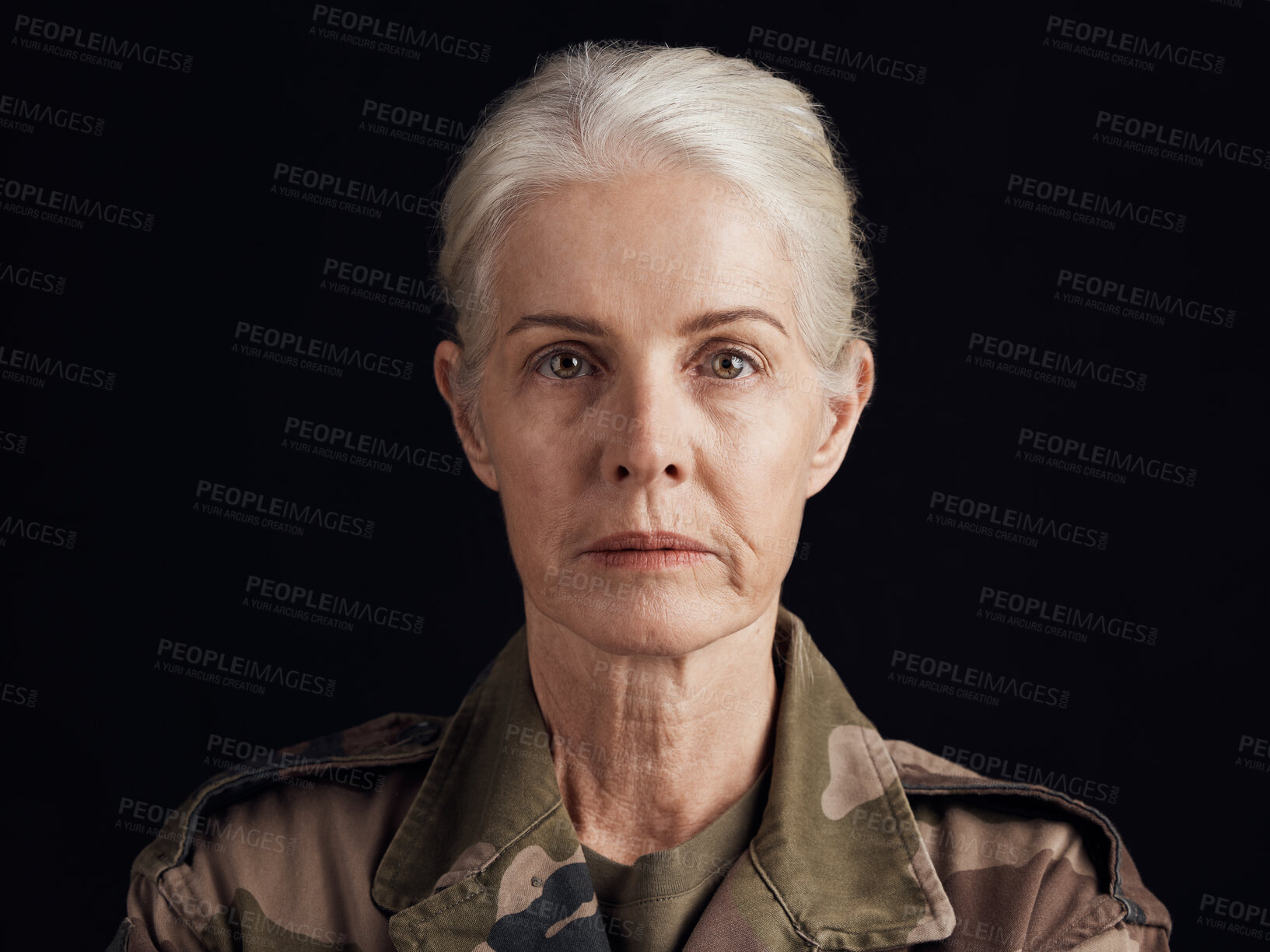 Buy stock photo Soldier, studio portrait and senior woman of military service, battle warrior or Ukraine war hero, leader or navy veteran. Army pride, security and face of elderly person isolated on black background
