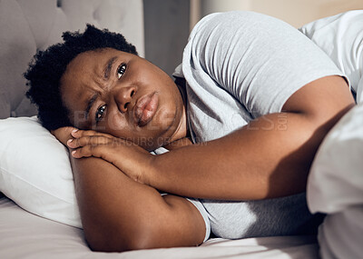 Buy stock photo Black woman, depression and insomnia, thinking with mental health problem, tired and stress with anxiety at home. Female person in bed, depressed and psychology with life crisis and sad with grief