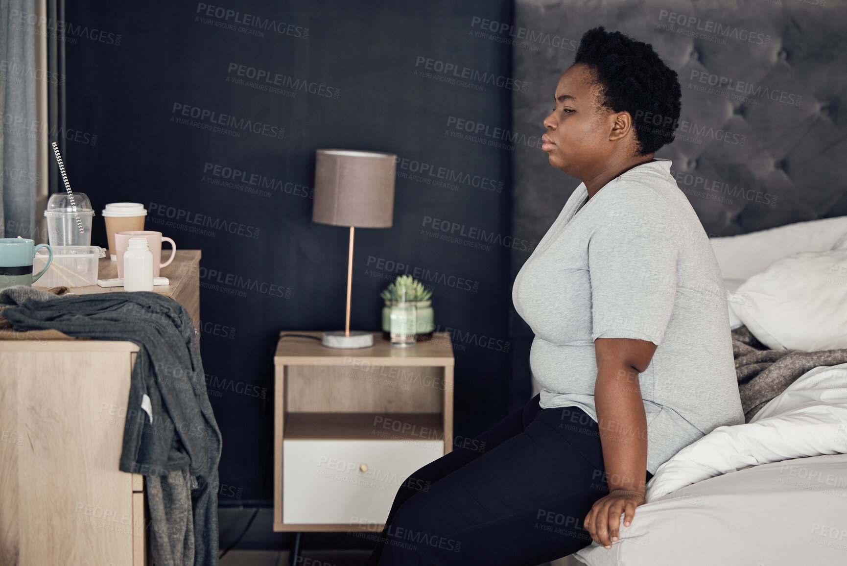 Buy stock photo Thinking, bed and black woman with depression, stress or anxiety from broken heart or divorce at home. Sad, insomnia or person worried by breakup, trauma or disaster of death or mental health mistake