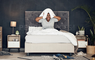 Buy stock photo Pillow, bed and black woman frustrated with insomnia, depression or anxiety from broken heart or divorce. Crying, morning or angry person worried by stress, trauma or disaster of death or breakup 