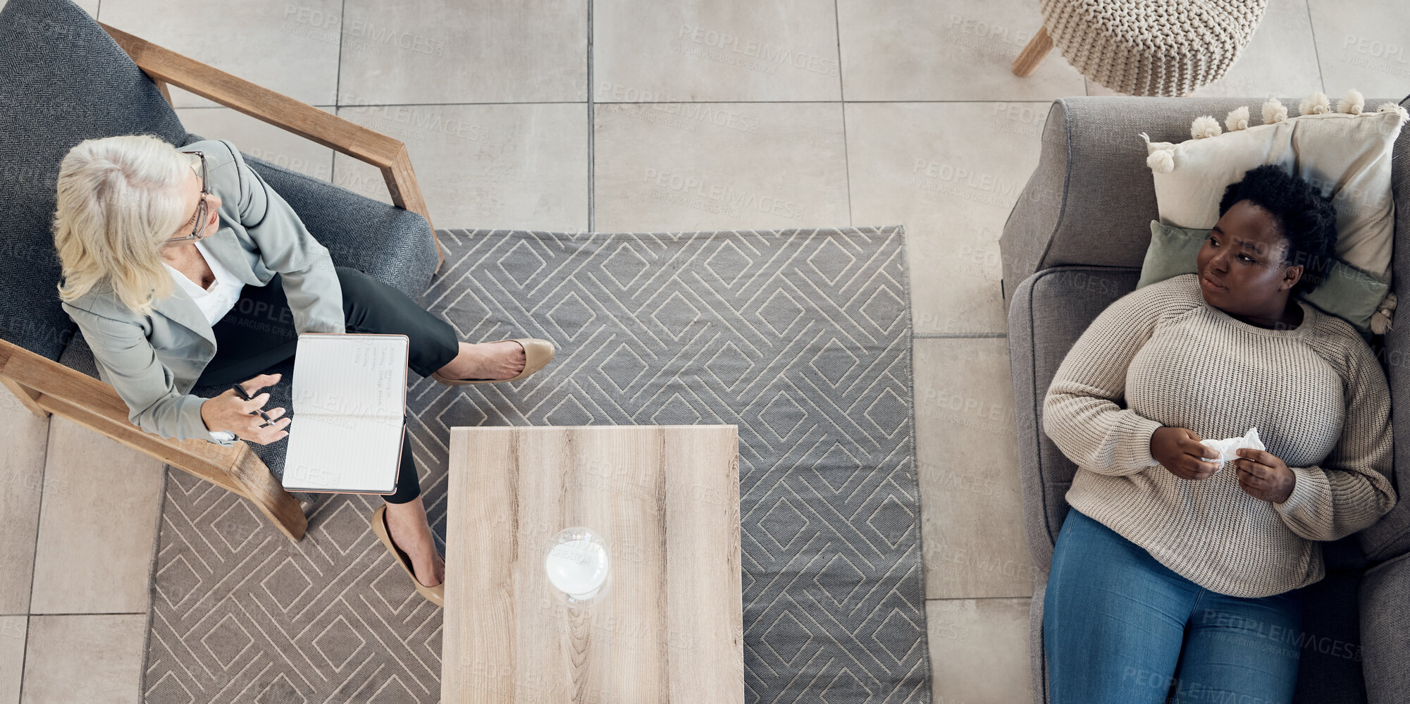 Buy stock photo People, therapy patient and relax on sofa, talking or advice for mental health, support and psychology notebook. Professional therapist or doctor with client or women for service and consulting above