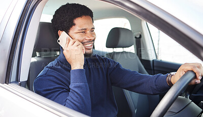 Buy stock photo African driver man, phone call and smile with thinking, contact and ideas on travel, transportation or street. Person, chauffeur and smartphone with car for journey, driving and road trip adventure