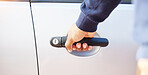Hand, handle and outdoor for car door, open and ready for drive, travel or transportation on street. Person, chauffeur or transport employee with vehicle for journey, driving or road trip adventure