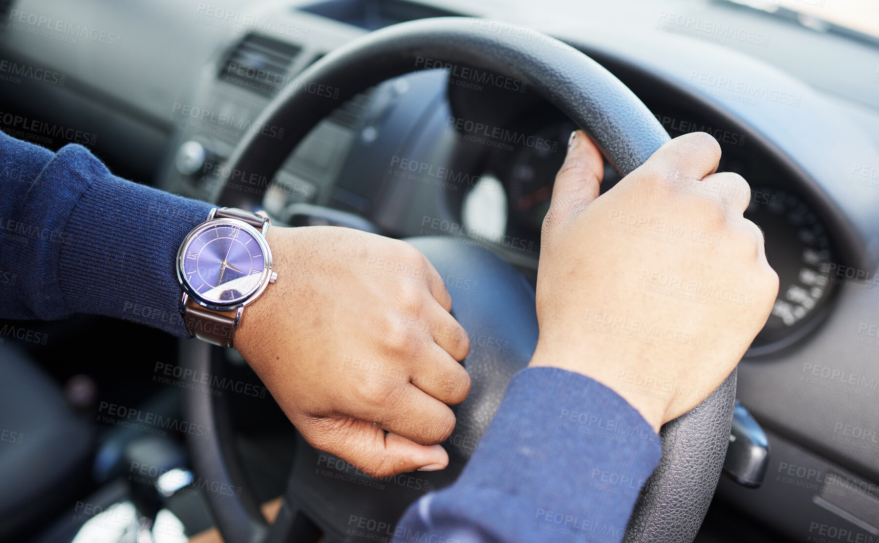 Buy stock photo Hands, steering wheel and check watch for driver, travel schedule or traffic on street. Person, chauffeur or transport employee with clock, time or vehicle for journey, service or road trip adventure