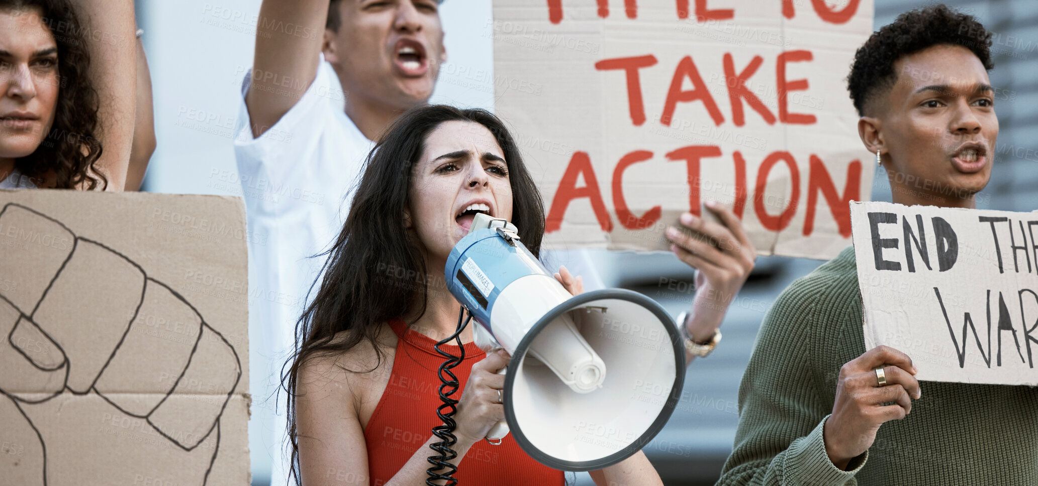 Buy stock photo Community, justice and woman with a megaphone for protest announcement, change or power. Speaker, transformation and crowd of people with bullhorn for rally, vote or freedom, government or speech