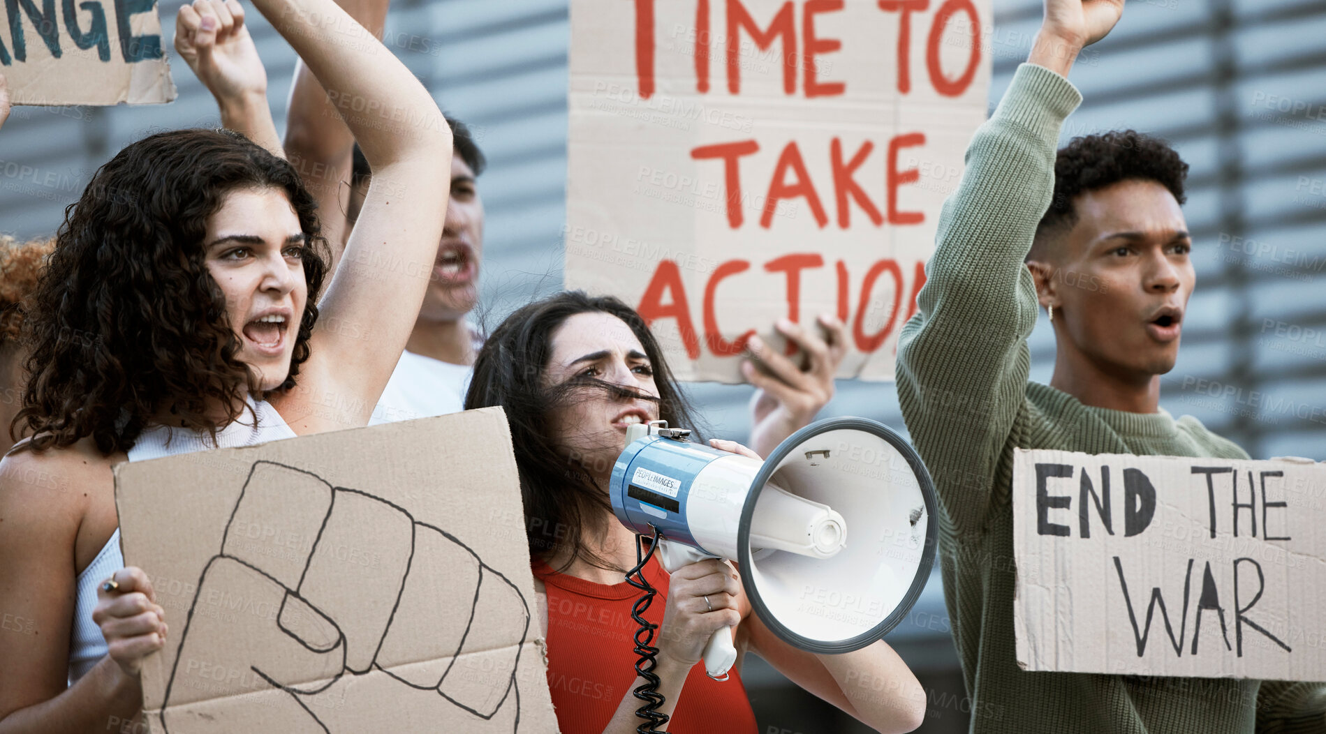 Buy stock photo Fight, protest and woman with a megaphone in a city for announcement, change or community power. Speaker, transformation and people with fist for justice vote, freedom or government attention speech