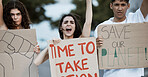 Climate change, crowd and people portrait with power fist or banner in city for announcement or transformation. Group, face and angry earth activist outdoor with poster for democracy, protest or vote